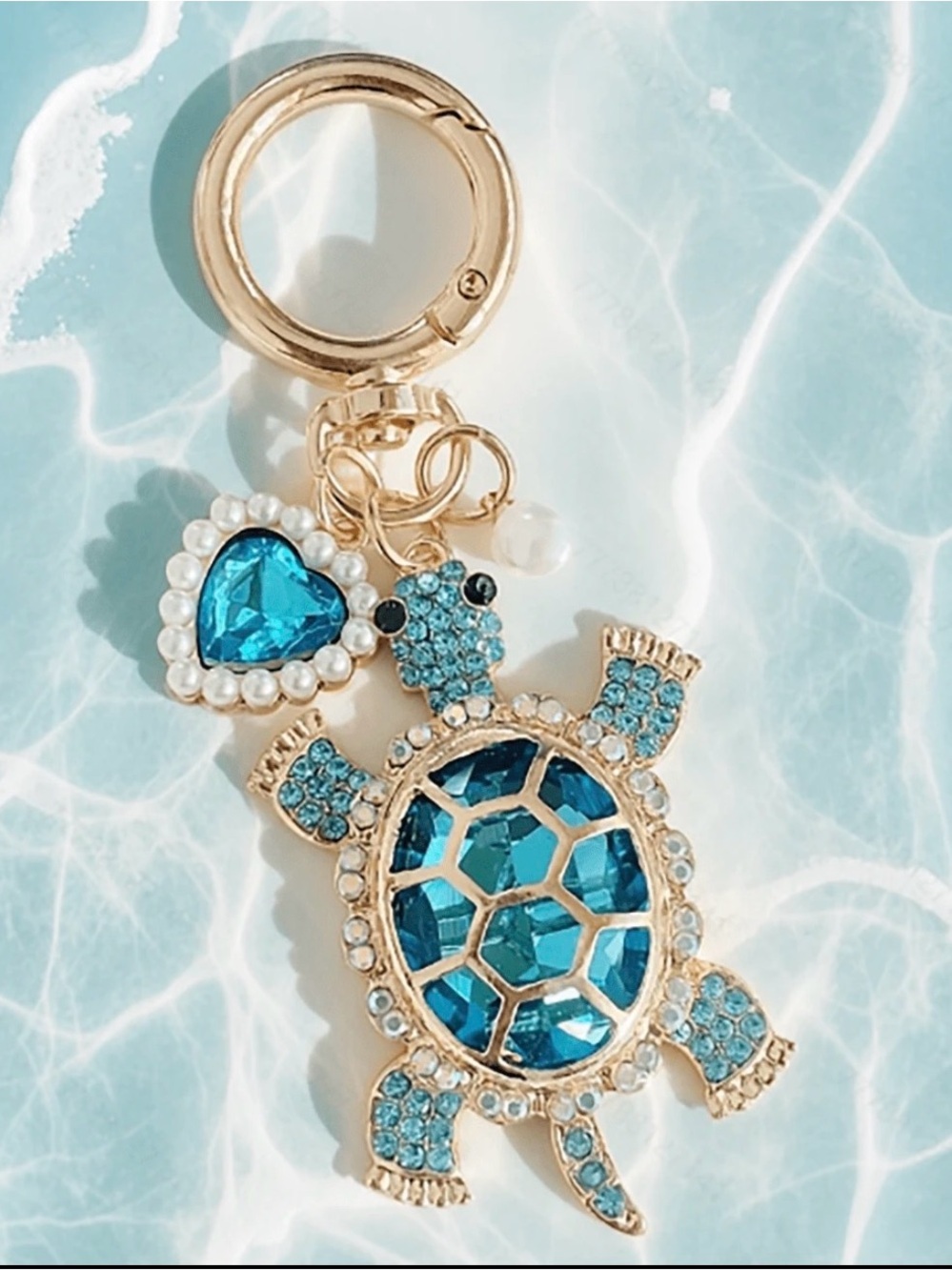 Gold-Tone Turtle Keychain with Blue Crystal Accents